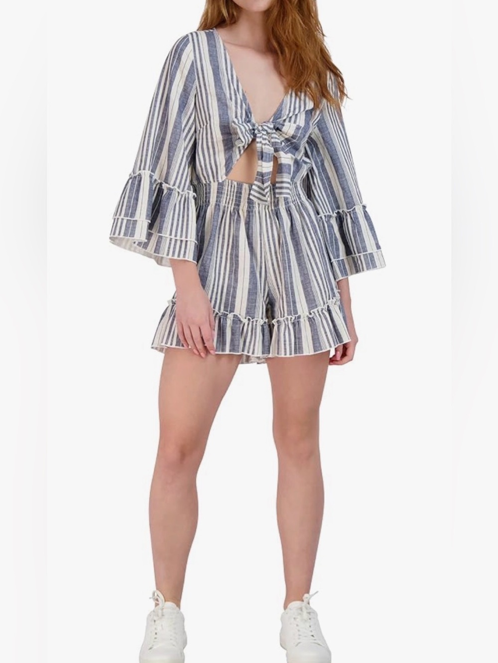 BCBGeneration Striped Romper Medium Linen Blend Tie Front Coastal Ruffle NWT